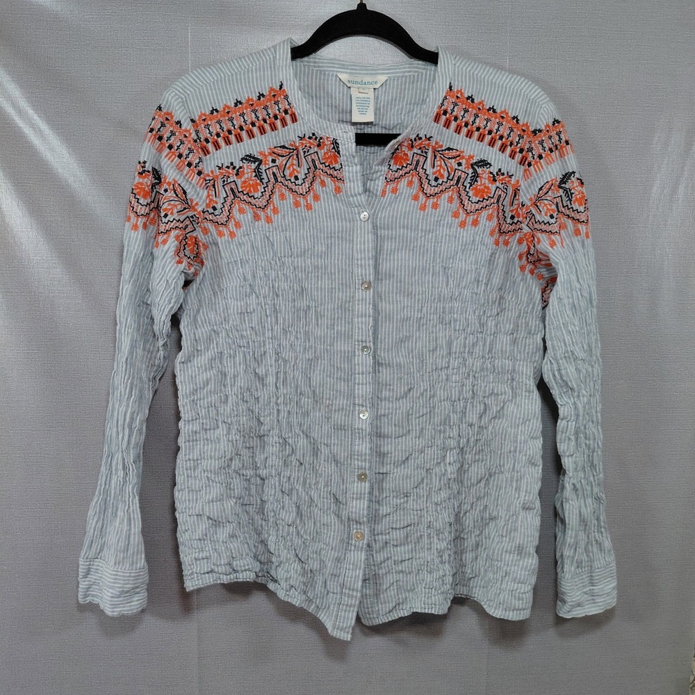 Sundance Seize the Day Blue White Striped Embroidered Button Up Shirt Women's LG